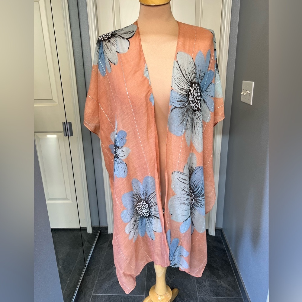 Peach & Blue Floral Kimono Lightweight Cardigan Swim Coverup